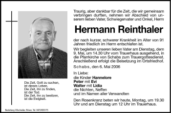 Traueranzeige von Hermann Reinthaler von Dolomiten